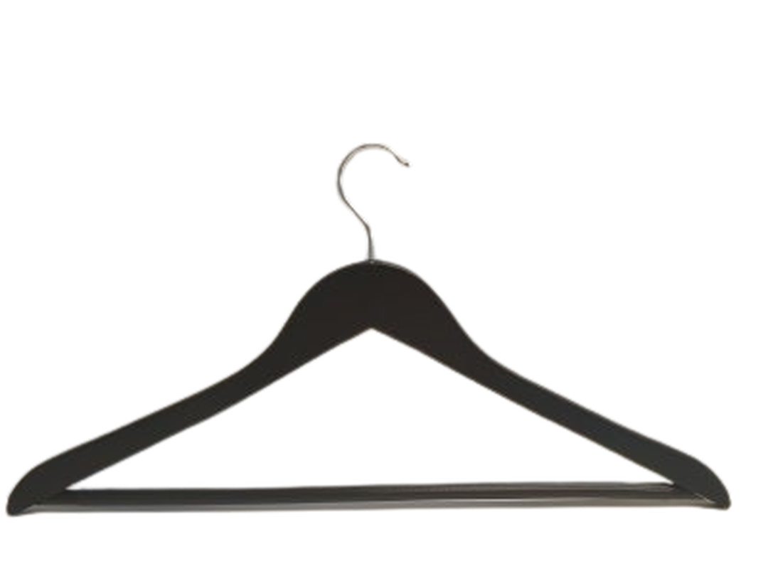 Svart trägalge med stång och kromad krok.