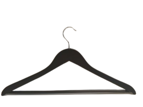 Svart trägalge med stång och kromad krok.