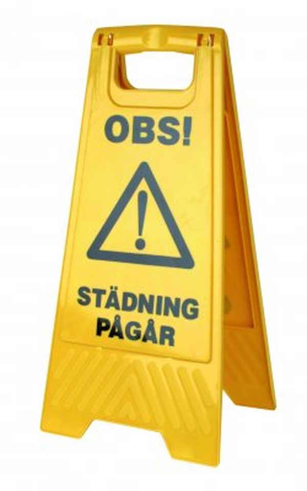 Stående skylt "Städning pågår" & "Våta golv"